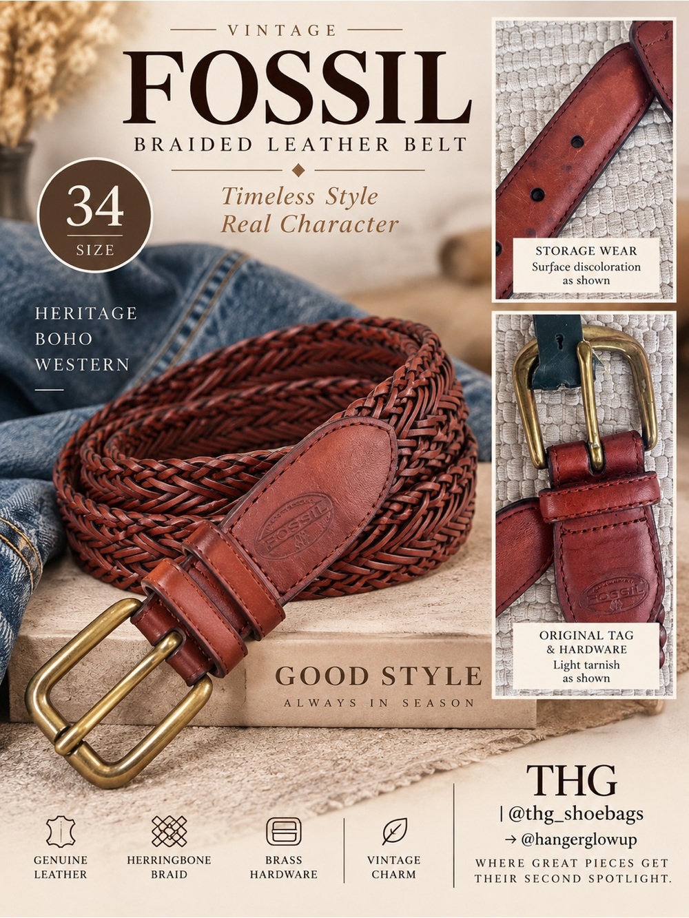Vintage Fossil Braided Leather Belt Cognac Brass Buckle Size 34 NWT